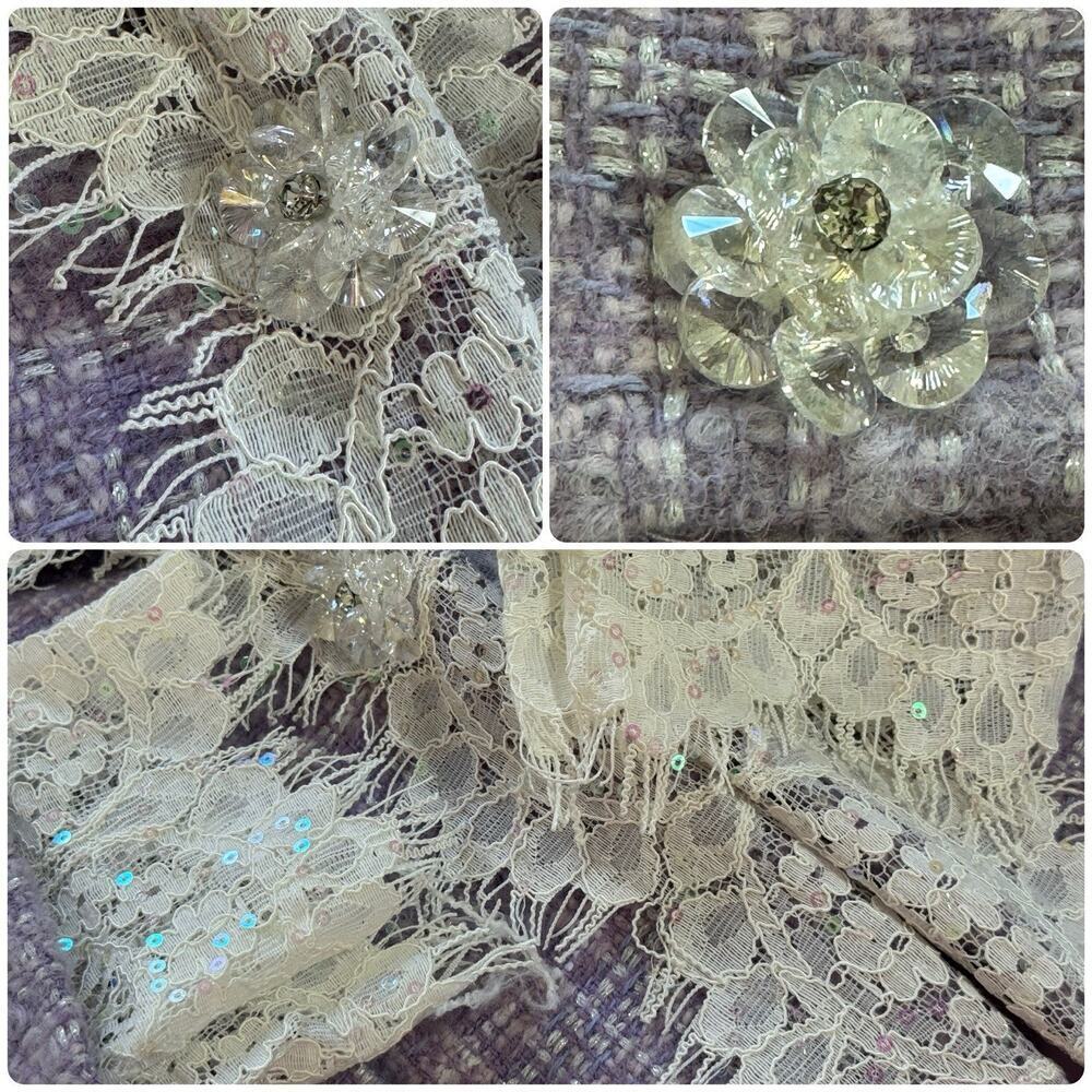 MARIE ELIE Lavender Tweed Wool Lace Trim Designer Blazer Metallic Jacket Sz L - Picture 11 of 12